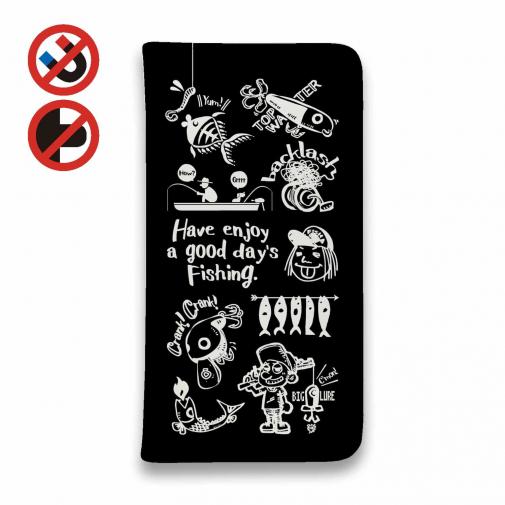 【手帳型ベルトなし】【Stick Case】【釣りざんまい】魚釣りに出かけよう!_ブラック