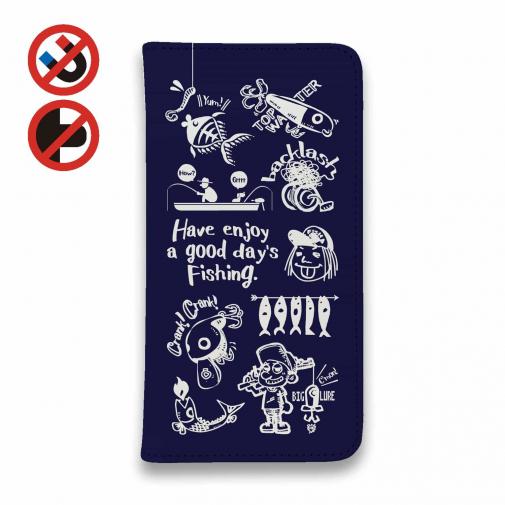 【手帳型ベルトなし】【Stick Case】【釣りざんまい】魚釣りに出かけよう!_ネイビー