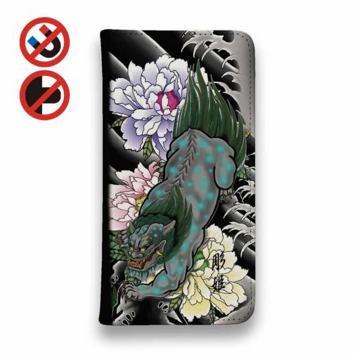 【彫姫】【手帳型ベルトなし】【Stick Case】唐獅子牡丹 和彫りデザイン