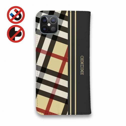 【Genuine】【手帳型ベルトなし】【Stick Case】チェック柄　ベージュ＆グレー