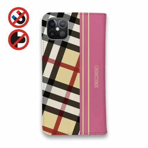 【Genuine】【手帳型ベルトなし】【Stick Case】チェック柄　ベージュ＆ピンク