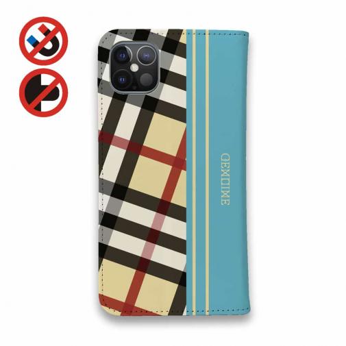 【Genuine】【手帳型ベルトなし】【Stick Case】チェック柄　ベージュ＆ブルー