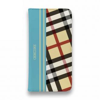 【Genuine】【手帳型ベルトなし】【Stick Case】チェック柄　ベージュ＆ブルー