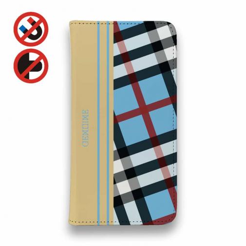 【Genuine】【手帳型ベルトなし】【Stick Case】チェック柄 ブルー&クリーム