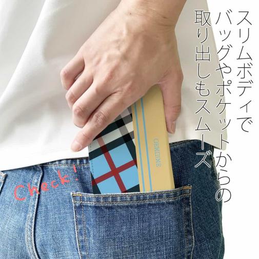 【Genuine】【手帳型ベルトなし】【Stick Case】チェック柄　ブルー＆クリーム