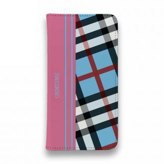 【Genuine】【手帳型ベルトなし】【Stick Case】チェック柄　ブルー＆ピンク