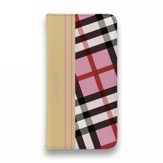 【Genuine】【手帳型ベルトなし】【Stick Case】チェック柄　ピンク＆クリーム