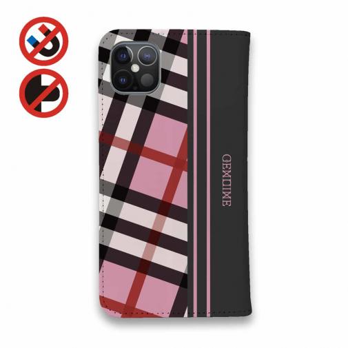 【Genuine】【手帳型ベルトなし】【Stick Case】チェック柄　ピンク＆グレー