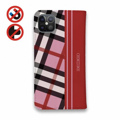 【Genuine】【手帳型ベルトなし】【Stick Case】チェック柄　ピンク＆レッド