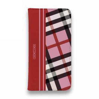 【Genuine】【手帳型ベルトなし】【Stick Case】チェック柄　ピンク＆レッド