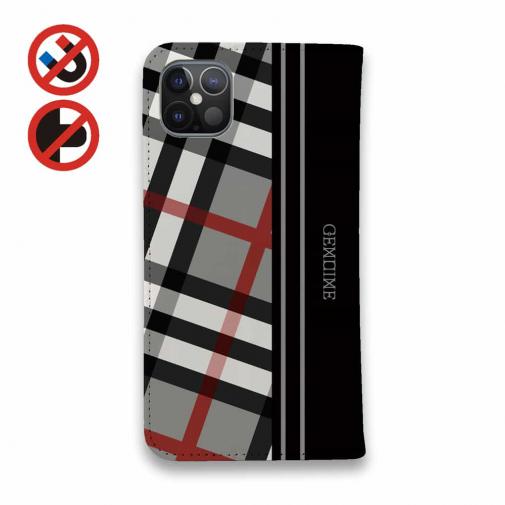 【Genuine】【手帳型ベルトなし】【Stick Case】チェック柄　グレー＆ブラック