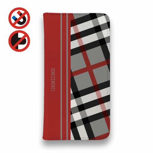 【Genuine】【手帳型ベルトなし】【Stick Case】チェック柄 グレー&レッド