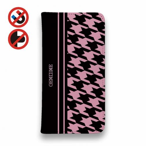 【Genuine】【手帳型ベルトなし】【Stick Case】千鳥柄 ブラック&ピンク
