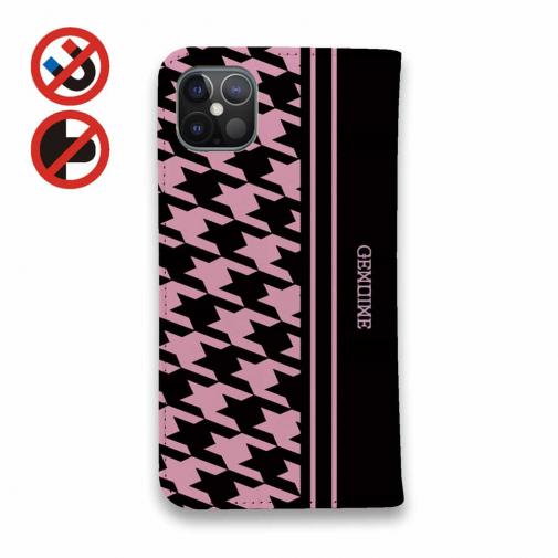 【Genuine】【手帳型ベルトなし】【Stick Case】千鳥柄　ブラック＆ピンク