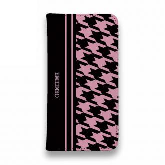 【Genuine】【手帳型ベルトなし】【Stick Case】千鳥柄　ブラック＆ピンク
