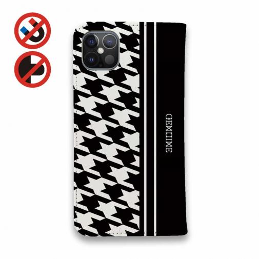 【Genuine】【手帳型ベルトなし】【Stick Case】千鳥柄　ブラック＆ホワイト