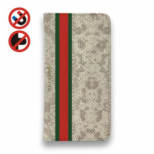 【Genuine】【手帳型ベルトなし】【Stick Case】蛇柄 ヘ?ーシ?ュ 縦ライン 縁担き?