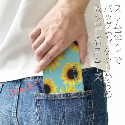 【Genuine】【手帳型ベルトなし】【Stick Case】ひまわり　スカイブルー