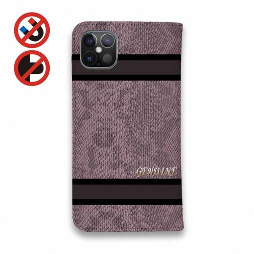 【Genuine】【手帳型ベルトなし】【Stick Case】蛇柄 黒蛇 ピンク 横ライン 験担ぎ