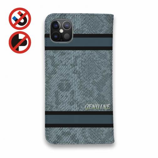 【Genuine】【手帳型ベルトなし】【Stick Case】蛇柄 黒蛇 ブルー 横ライン 験担ぎ