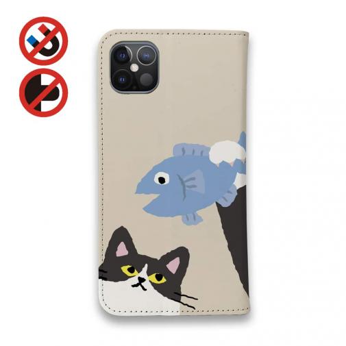 【手帳型ベルトなし】【Stick Case】サカナもってワーイなネコ_ハチワレ猫(wakat)