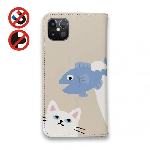 【手帳型ベルトなし】【Stick Case】サカナもってワーイなネコ_白猫(wakat)