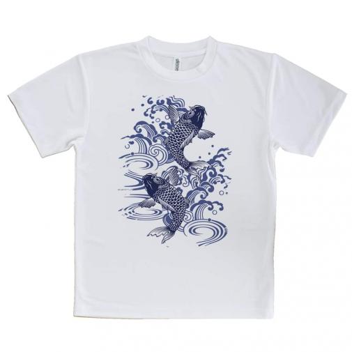 【Tシャツ】タトゥー風昇り鯉　ブルー&ホワイト