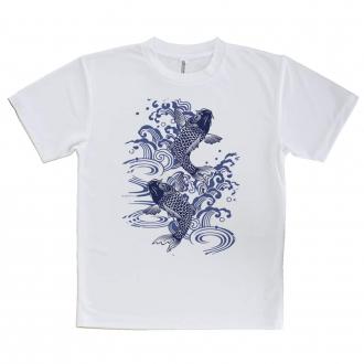 【Tシャツ】タトゥー風昇り鯉　ブルー&ホワイト