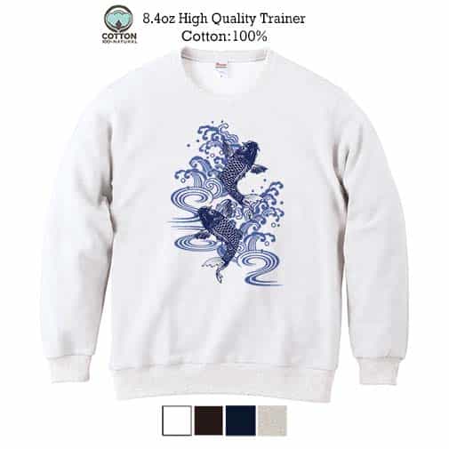【トレーナー】タトゥー風昇り鯉　ブルー&ホワイト 8.4oz Cotton:100%