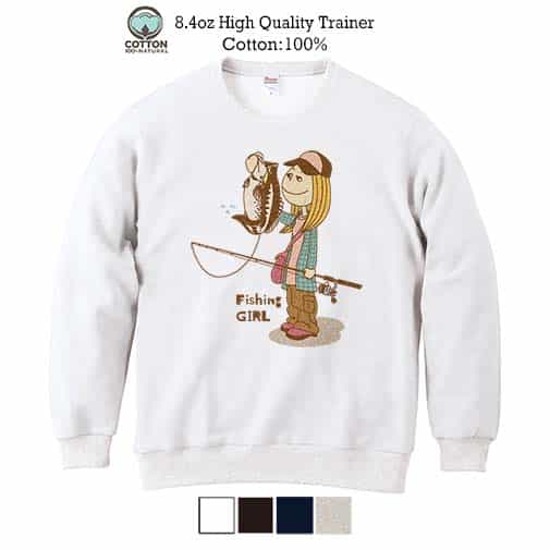 【トレーナー】釣りガール　イラスト　ブラックバス 8.4oz Cotton:100%
